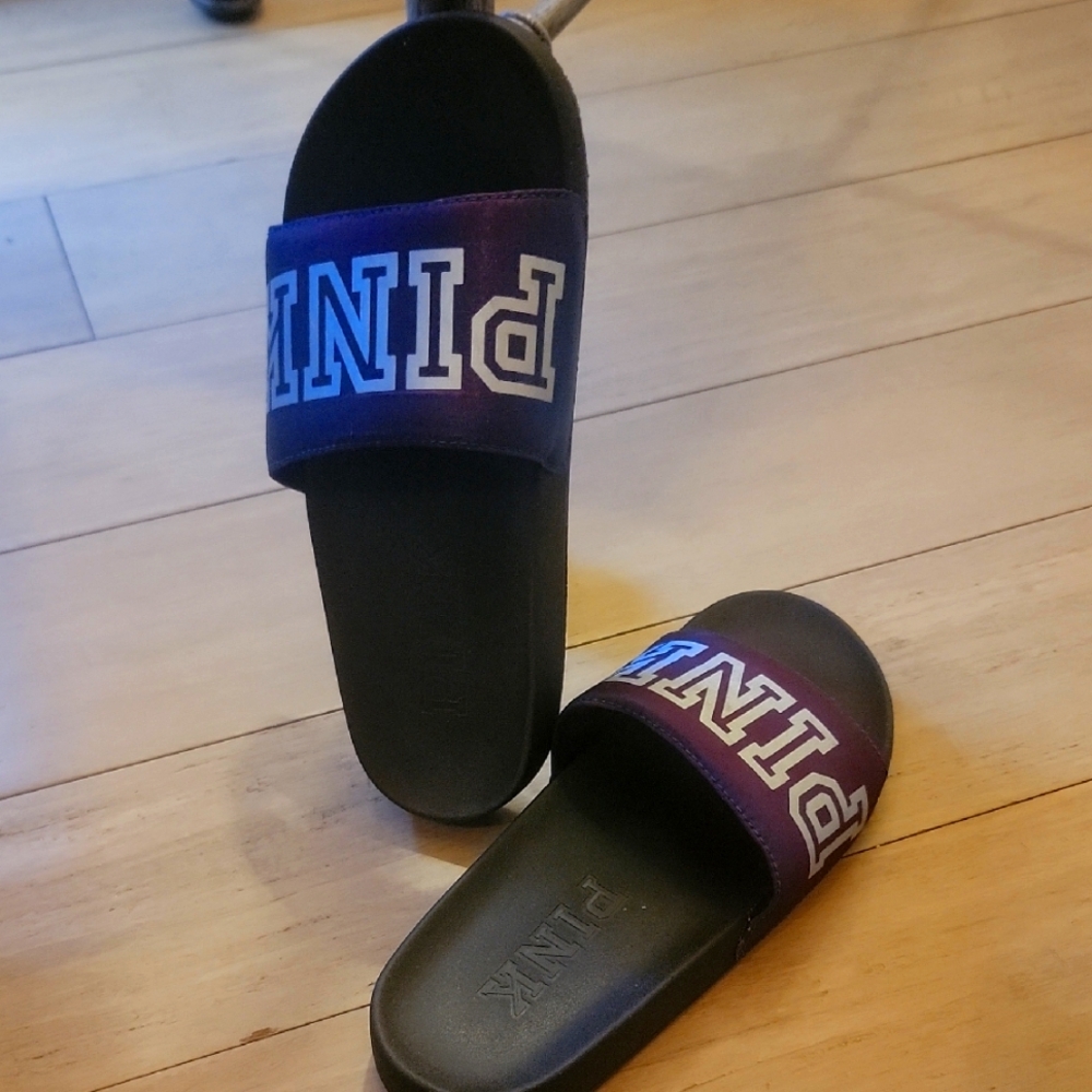 PINK Victoria's Secret Womens Slide Sandals - Black and Purple Holographic Ombre